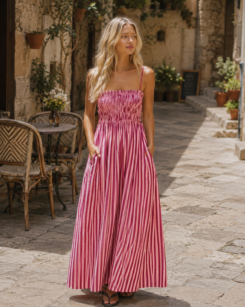 Berta Robe Femme Maxi Rayée – Bretelles Fines, Coupe Fluide, Dos Smocké Été