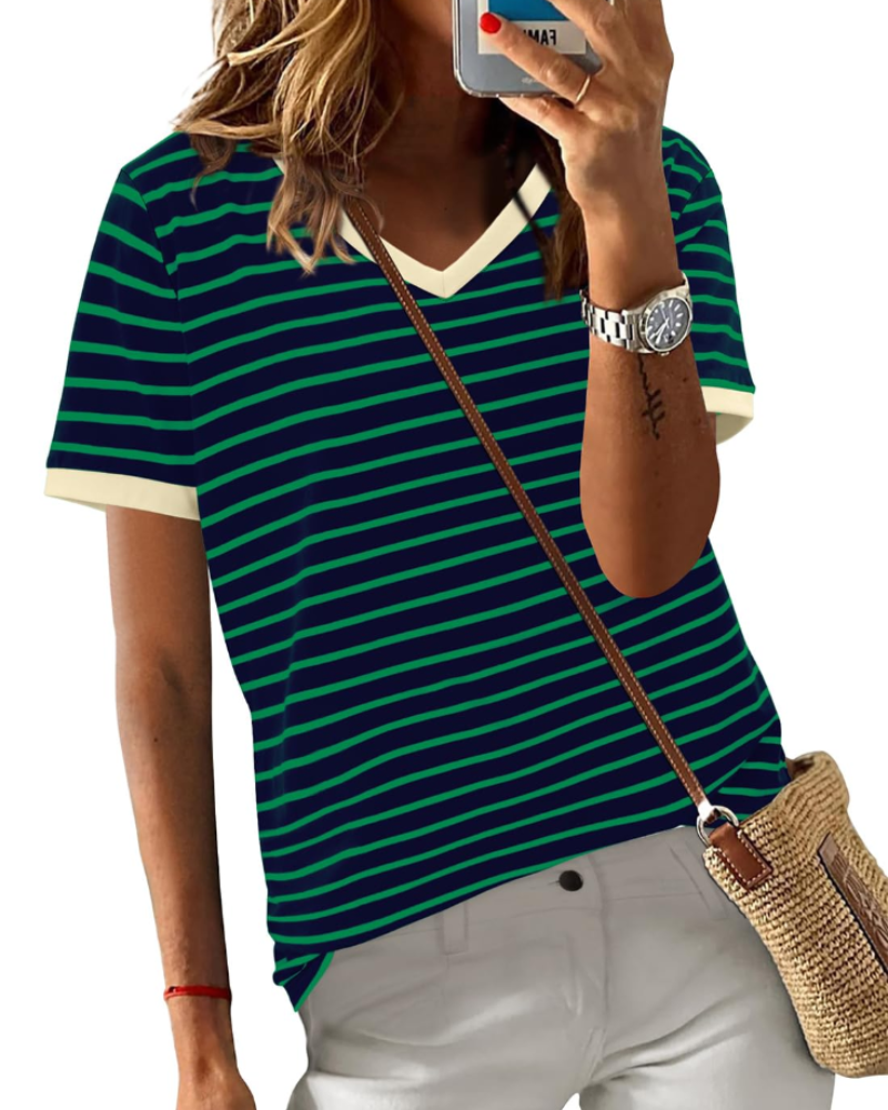 T-shirt estiva donna – Maniche corte in cotone a righe colorblock