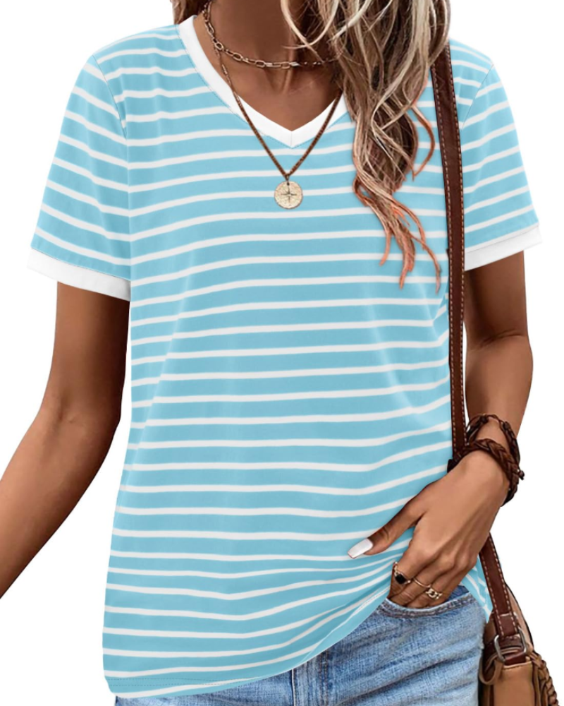 T-shirt estiva donna – Maniche corte in cotone a righe colorblock