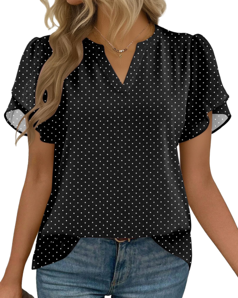 Zanea Blouse Femme – Top Élégant Col V à Manches Pétales, Coupe Fluide Chic Business Casual
