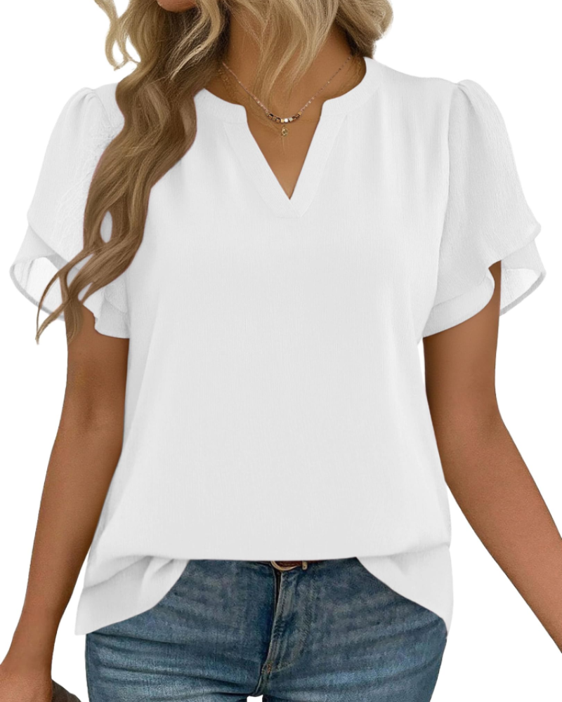 Zanea Blouse Femme – Top Élégant Col V à Manches Pétales, Coupe Fluide Chic Business Casual