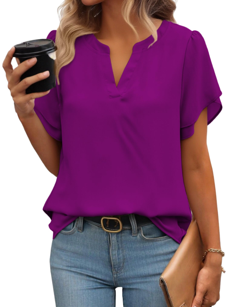 Zanea Blouse Femme – Top Élégant Col V à Manches Pétales, Coupe Fluide Chic Business Casual