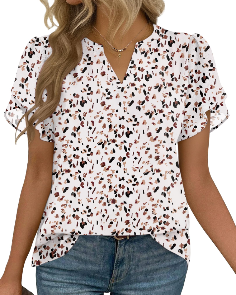 Zanea Blouse Femme – Top Élégant Col V à Manches Pétales, Coupe Fluide Chic Business Casual