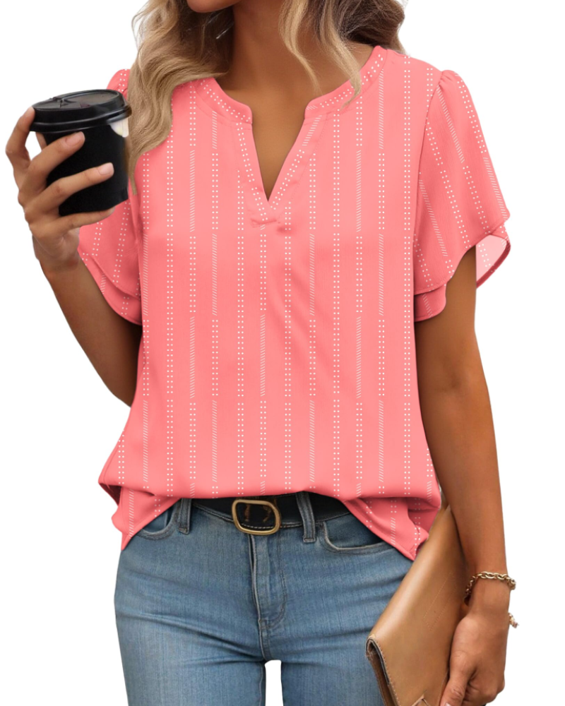 Zanea Blouse Femme – Top Élégant Col V à Manches Pétales, Coupe Fluide Chic Business Casual