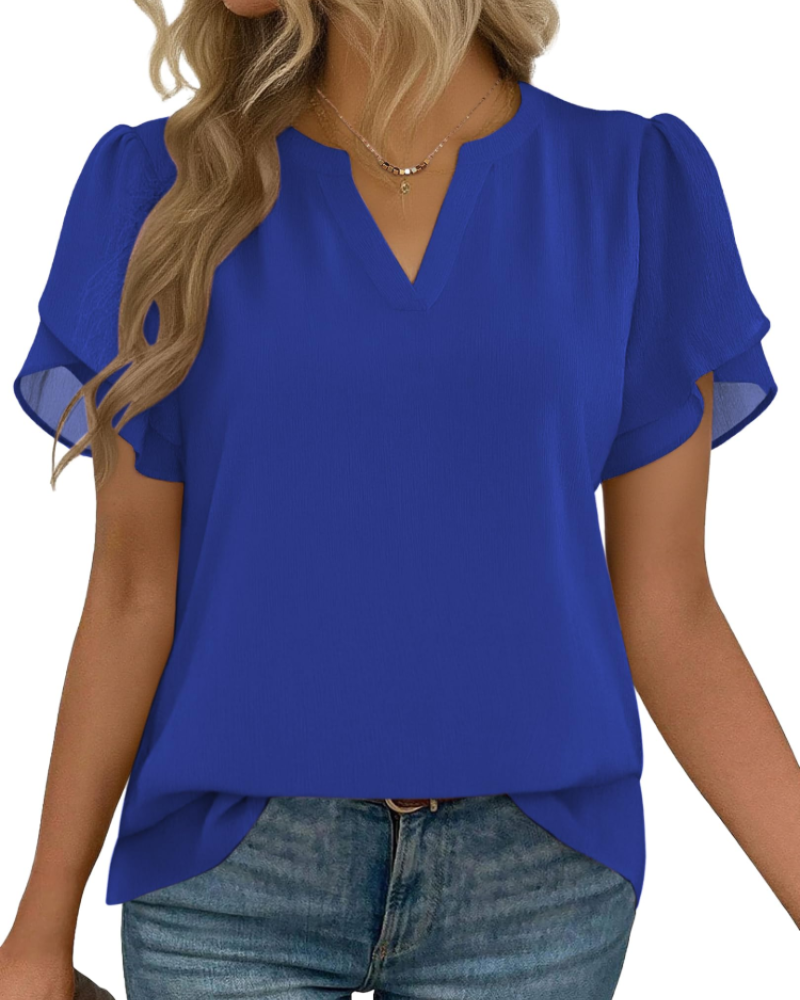 Zanea Blouse Femme – Top Élégant Col V à Manches Pétales, Coupe Fluide Chic Business Casual
