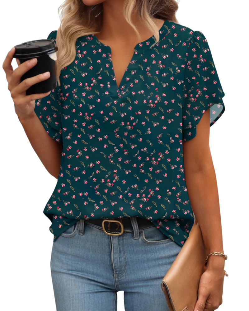 Zanea Blouse Femme – Top Élégant Col V à Manches Pétales, Coupe Fluide Chic Business Casual