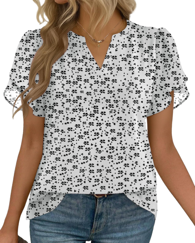 Zanea Blouse Femme – Top Élégant Col V à Manches Pétales, Coupe Fluide Chic Business Casual