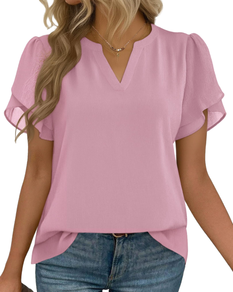 Zanea Blouse Femme – Top Élégant Col V à Manches Pétales, Coupe Fluide Chic Business Casual