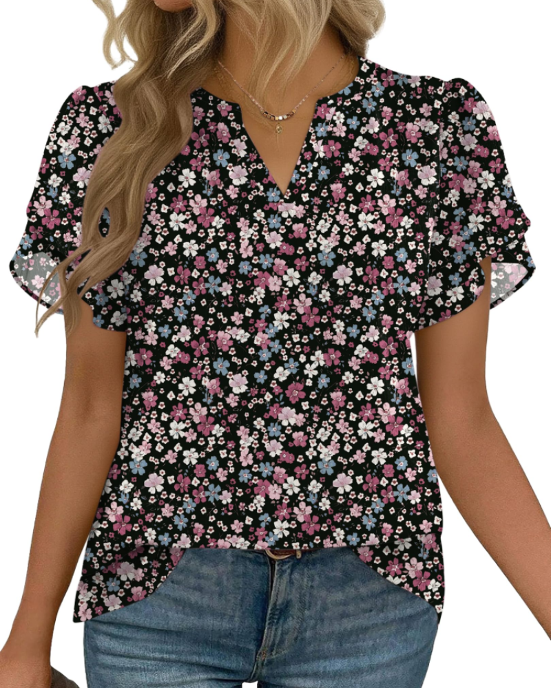 Zanea Blouse Femme – Top Élégant Col V à Manches Pétales, Coupe Fluide Chic Business Casual