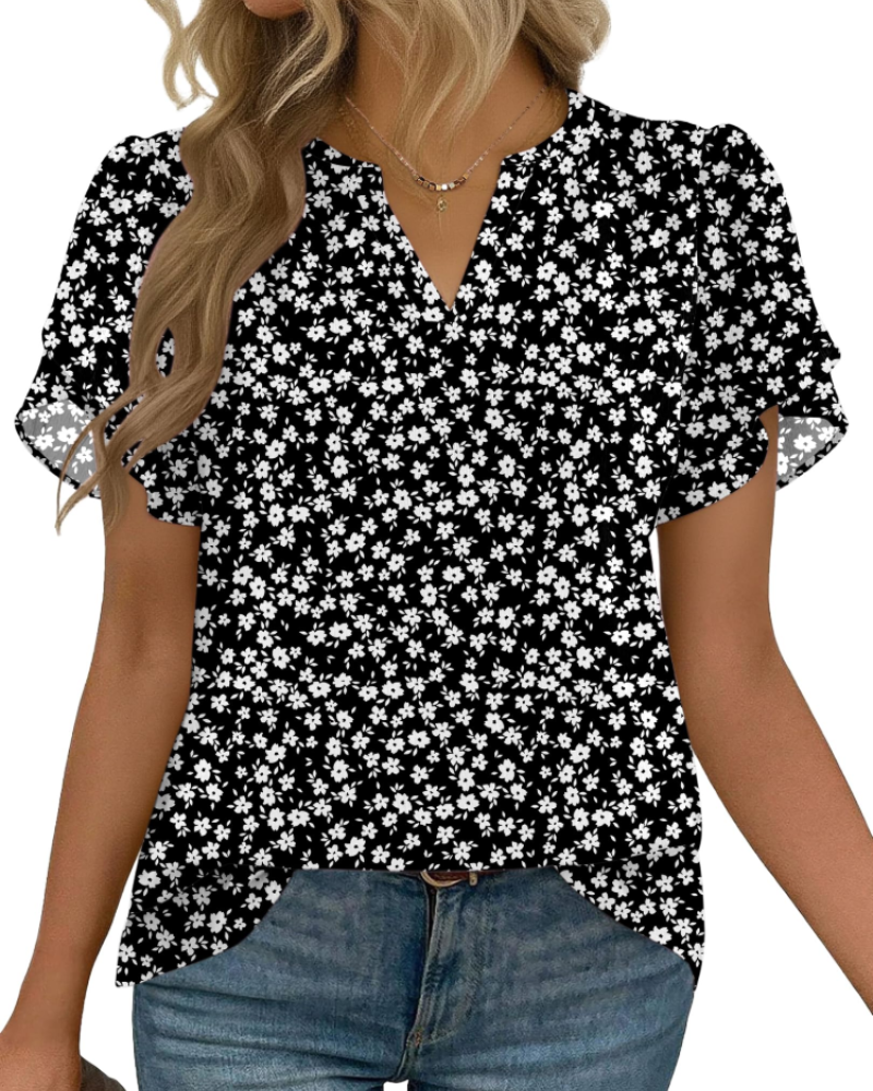 Zanea Blouse Femme – Top Élégant Col V à Manches Pétales, Coupe Fluide Chic Business Casual