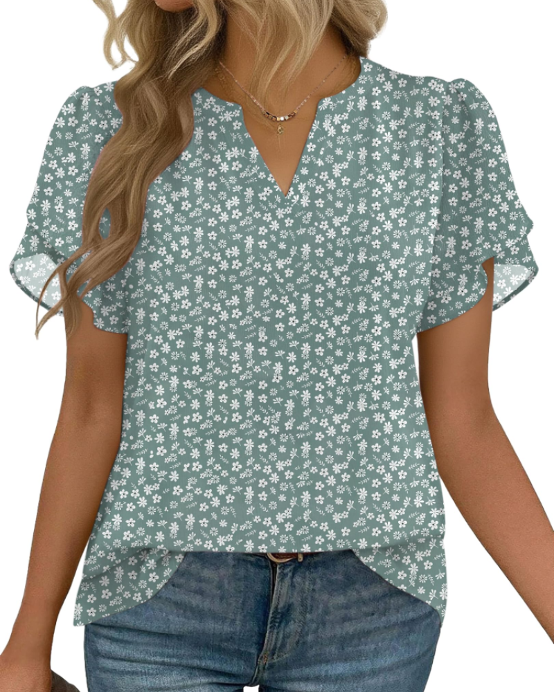 Zanea Blouse Femme – Top Élégant Col V à Manches Pétales, Coupe Fluide Chic Business Casual