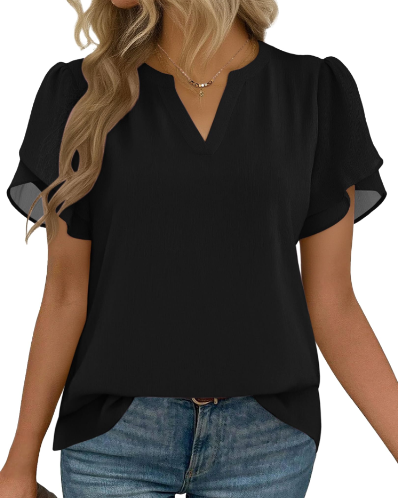 Zanea Blouse Femme – Top Élégant Col V à Manches Pétales, Coupe Fluide Chic Business Casual
