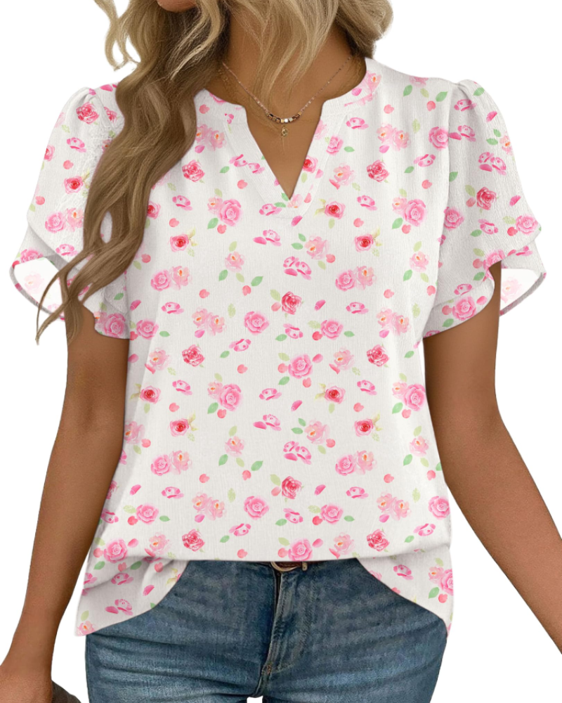 Zanea Blouse Femme – Top Élégant Col V à Manches Pétales, Coupe Fluide Chic Business Casual