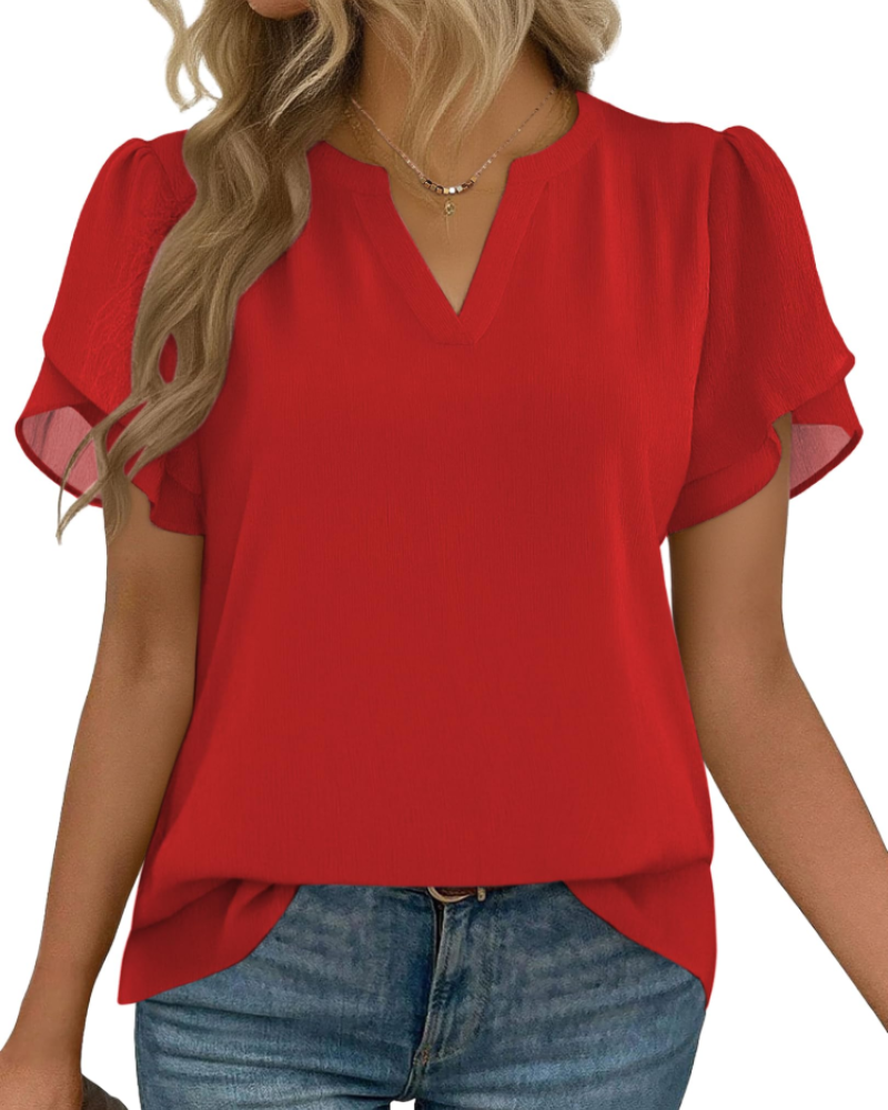 Zanea Blouse Femme – Top Élégant Col V à Manches Pétales, Coupe Fluide Chic Business Casual