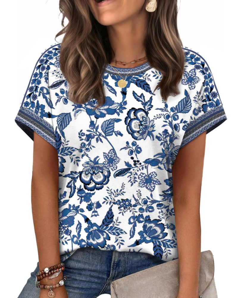 Zaria Women's Top – Casual Chic Round Neck T-shirt, Loose Fit & Short Sleeves Summer
