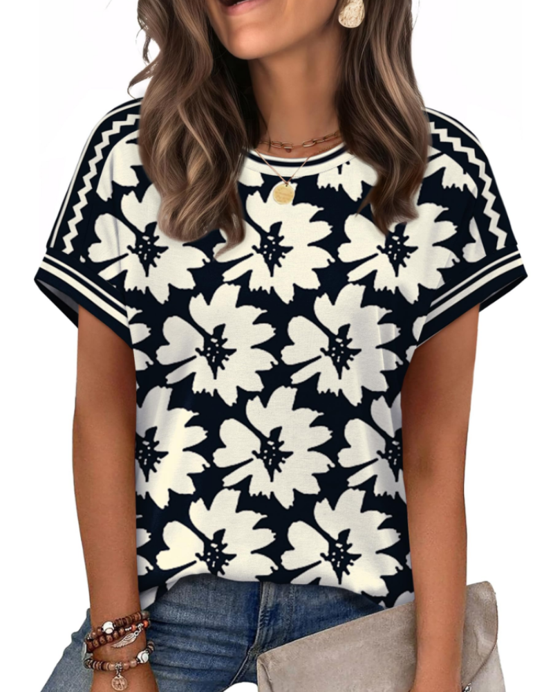 Zaria Women's Top – Casual Chic Round Neck T-shirt, Loose Fit & Short Sleeves Summer