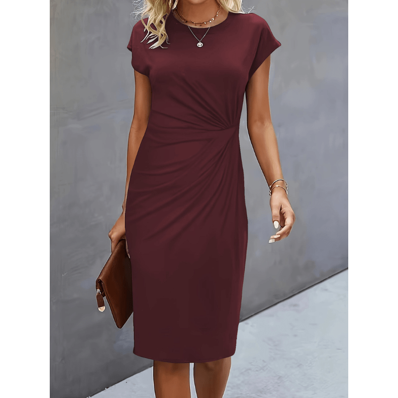 Zdenka Robe Midi Femme Looksy – Drapé Latéral, Manches Courtes & Col Rond Classique