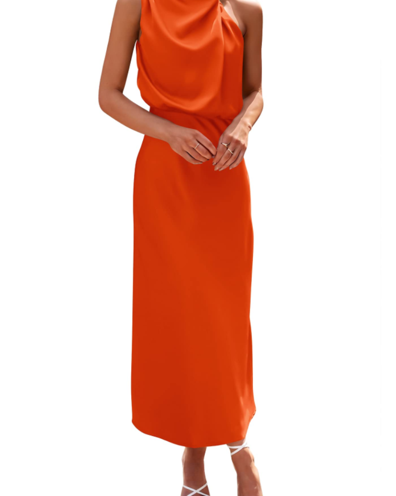 Ženska haljina Femme – maxi satenska haljina s visokim ovratnikom, elegantnog lepršavog kroja za večernje prilike