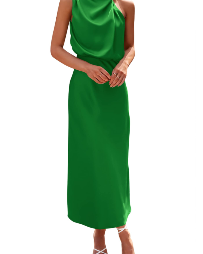 Ženska haljina Femme – maxi satenska haljina s visokim ovratnikom, elegantnog lepršavog kroja za večernje prilike