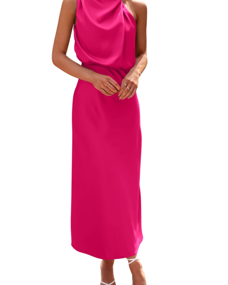 Ženska haljina Femme – maxi satenska haljina s visokim ovratnikom, elegantnog lepršavog kroja za večernje prilike