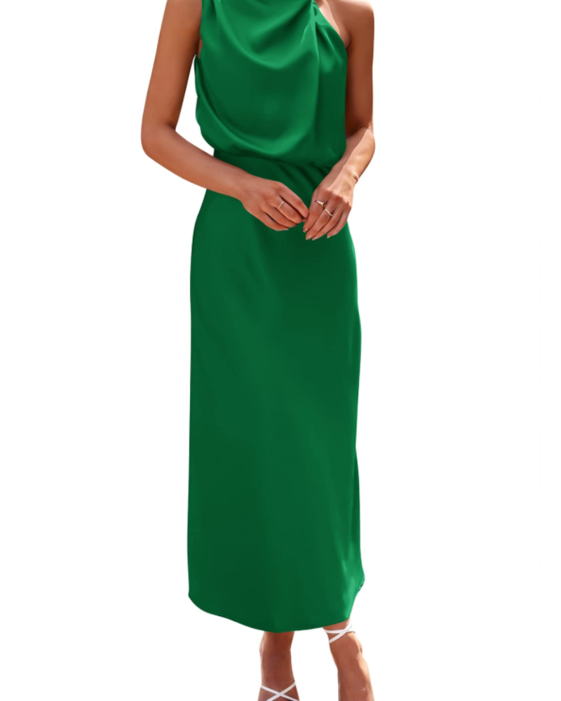 Ženska haljina Femme – maxi satenska haljina s visokim ovratnikom, elegantnog lepršavog kroja za večernje prilike