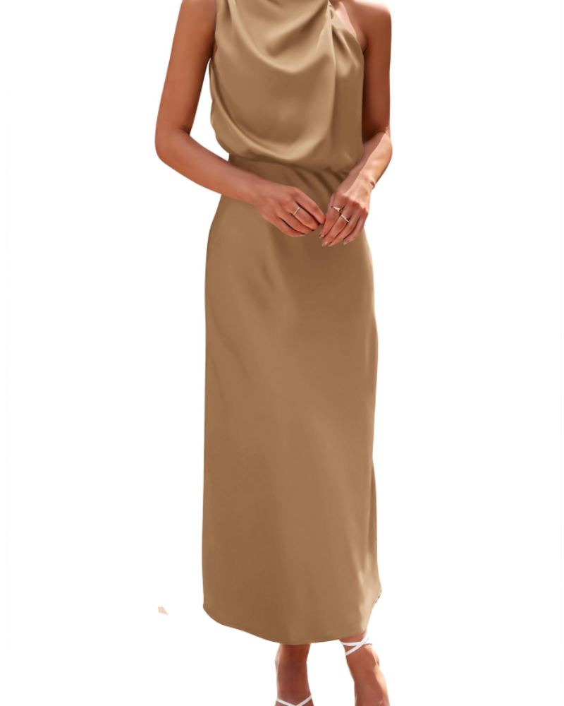 Ženska haljina Femme – maxi satenska haljina s visokim ovratnikom, elegantnog lepršavog kroja za večernje prilike