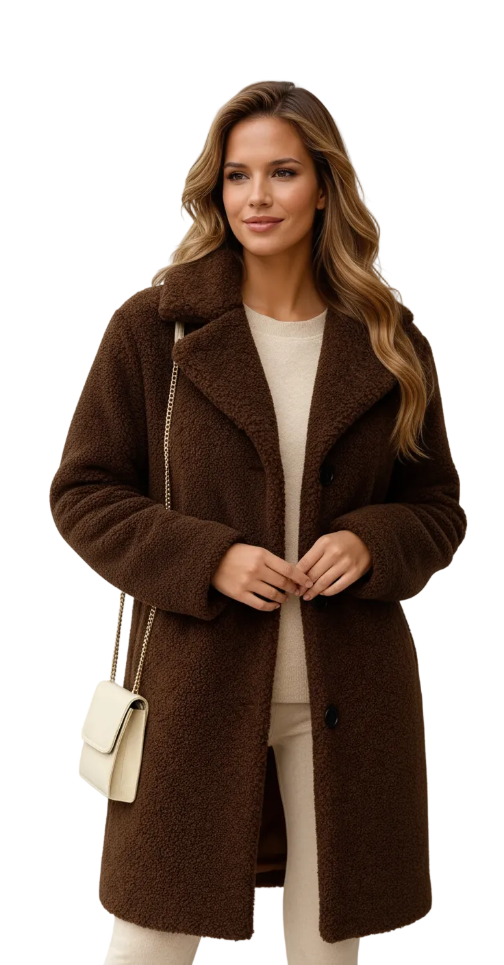Mayleen Manteau Teddy pentru femei – Jachetă moale și călduroasă cu guler rever și închidere cu nasturi