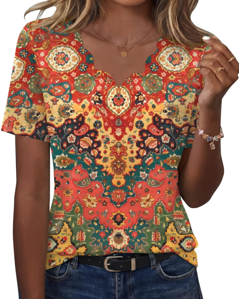Ziva Women's Top – Wavy V-Neck Blouse, Elegant Flowing Fit & Casual Chic Style
