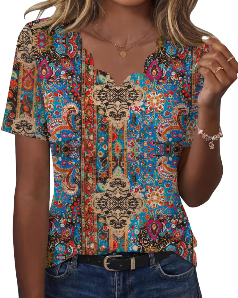 Ziva Women's Top – Wavy V-Neck Blouse, Elegant Flowing Fit & Casual Chic Style