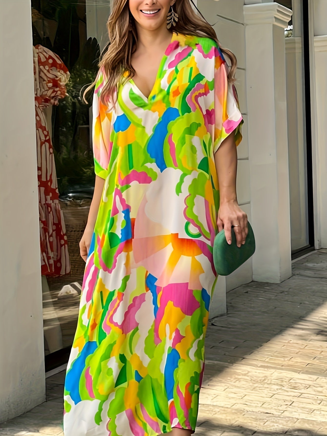 Oaklynn Dames Caftanjurk – Lichte Maxi Caftanjurk met Multicolor Print & Zomerse Look