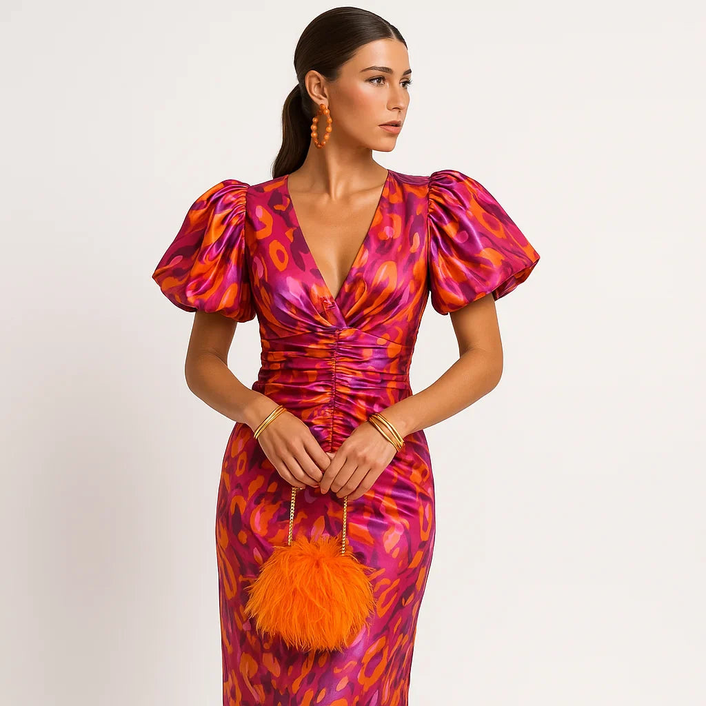 Abito stampato da donna Carol - Maniche a sbuffo, stile audace ed elegante