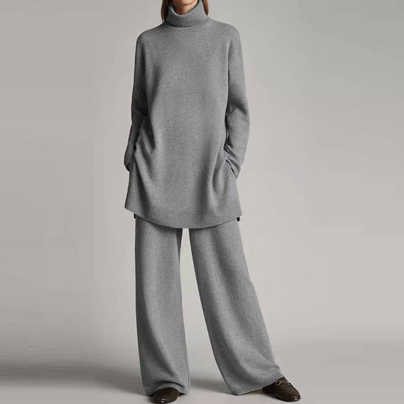Samantha Loungewear-sett i trikot for kvinner – Myk genser med rullekrage og vide bukser i avslappet passform