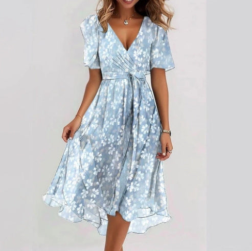 Emily Robe Midi Femme – Robe Légère en Chiffon avec Imprimé Fleuri, Décolleté en V & Taille Cintrée