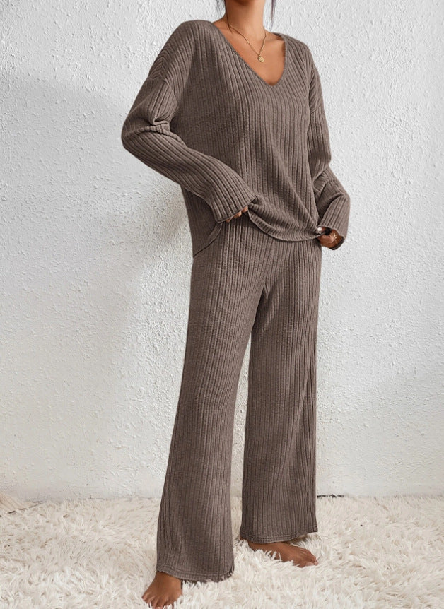 Ensemble en maille Kathy pour femme – Tenue d'intérieur confortable avec pull à col en V et pantalon doux