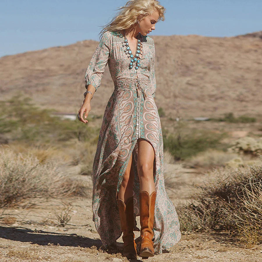 Azaria Lange Boheemse Jurk – Maxi Jurk Dames met Paisley Patroon en Chic Vloeiende Stijl