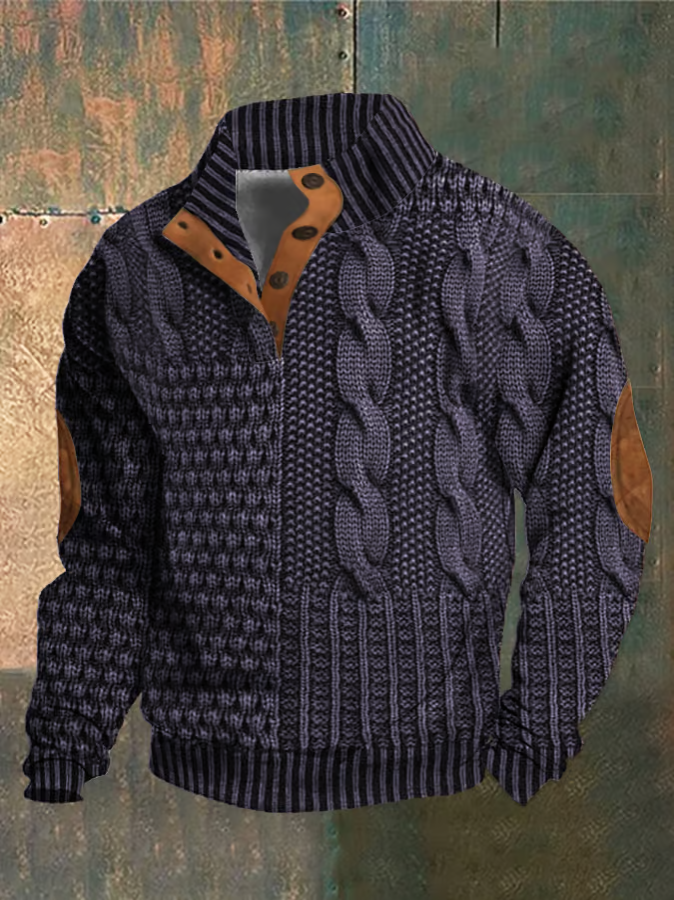 Ramon Twisted Knit Sweater for Men – Autumn Sweater with Buttoned High Collar in Soft Knit
