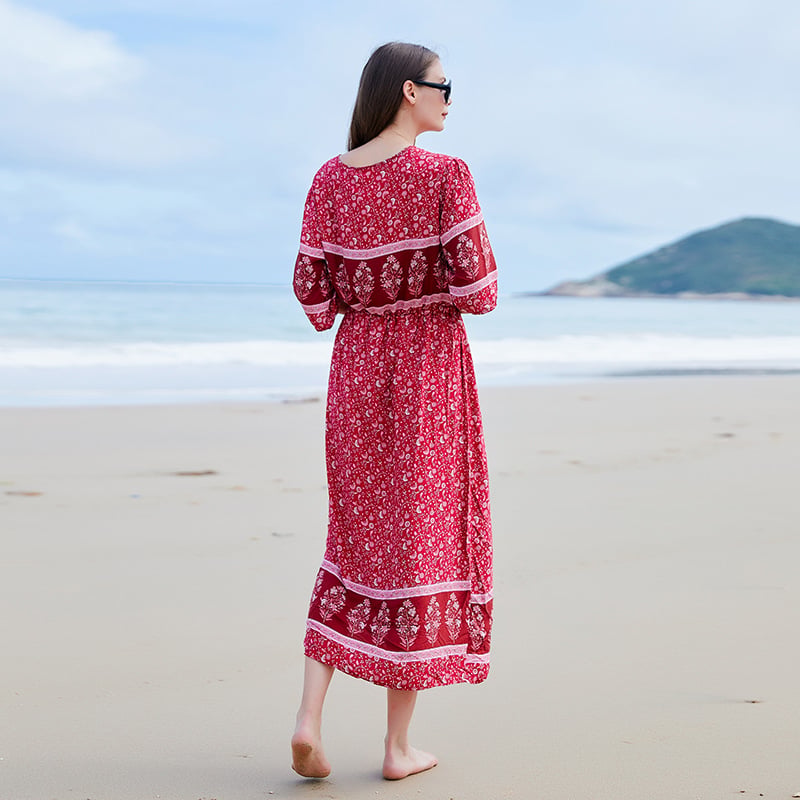 Kayla Robe Longue Femme – Šaty velké velikosti s květinovým vzorem, výstřihem do V, dlouhými rukávy a asymetrickým lemem