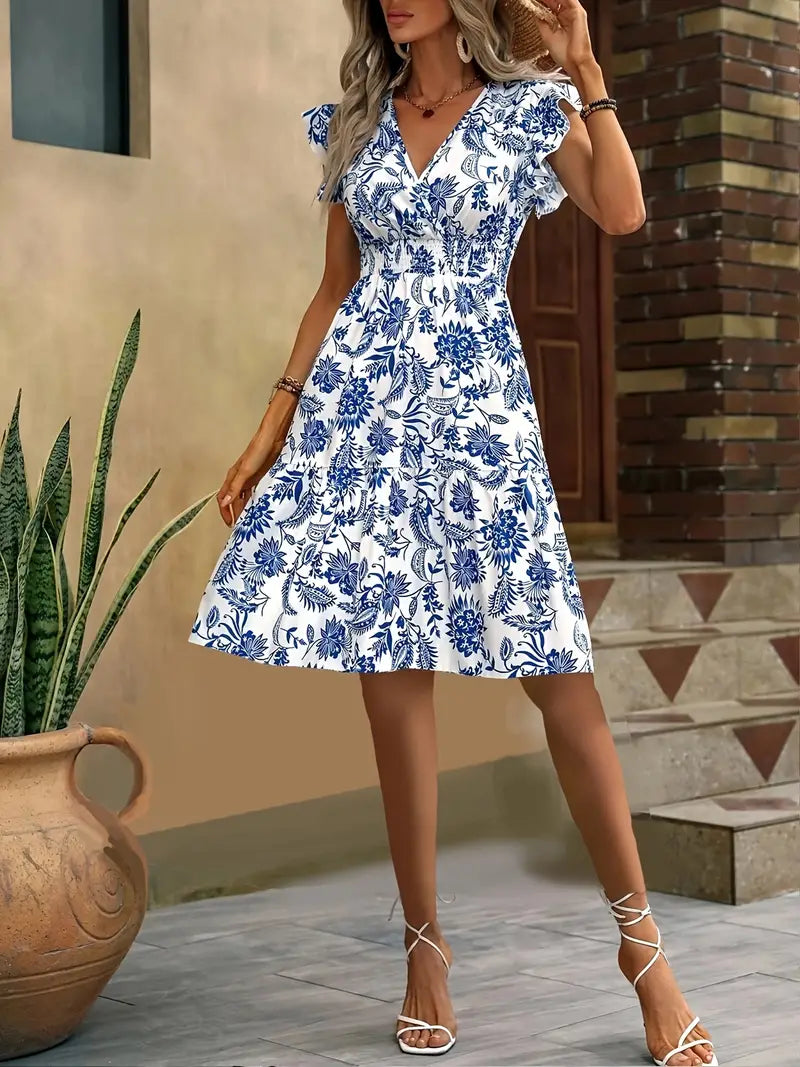 Robe d'Été Femme Lauren – Robe Élégante à Col en V avec Volants & Taille Froncée pour les Vacances