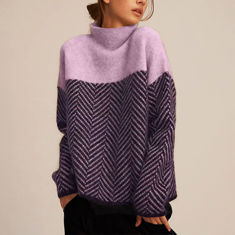 Arla Pull a Cuello Alto para Mujer – Suéter de Cachemira Caliente con Corte Holgado y Motivo Chevron de Moda