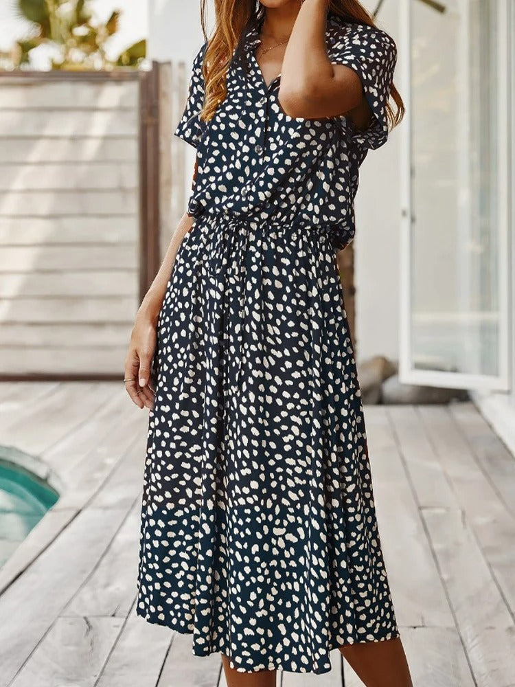Ulvienne sommerkjole til kvinder – midi-kjole med korte ærmer, bælte i taljen og trendy print