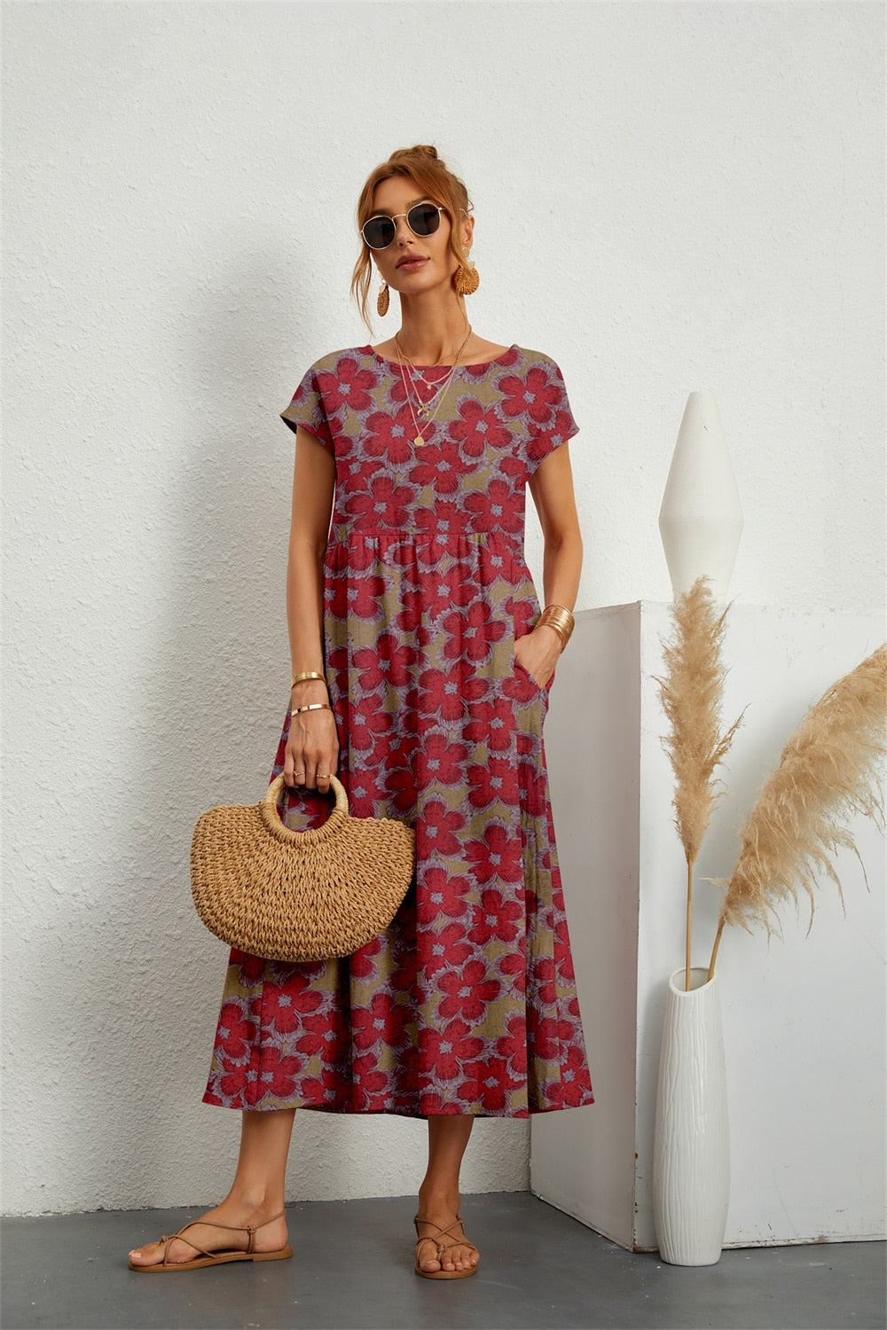 Henrielle Robe Midi Femme – Imprimé Fleuri Élégant, Manches Courtes & Coupe Confortable