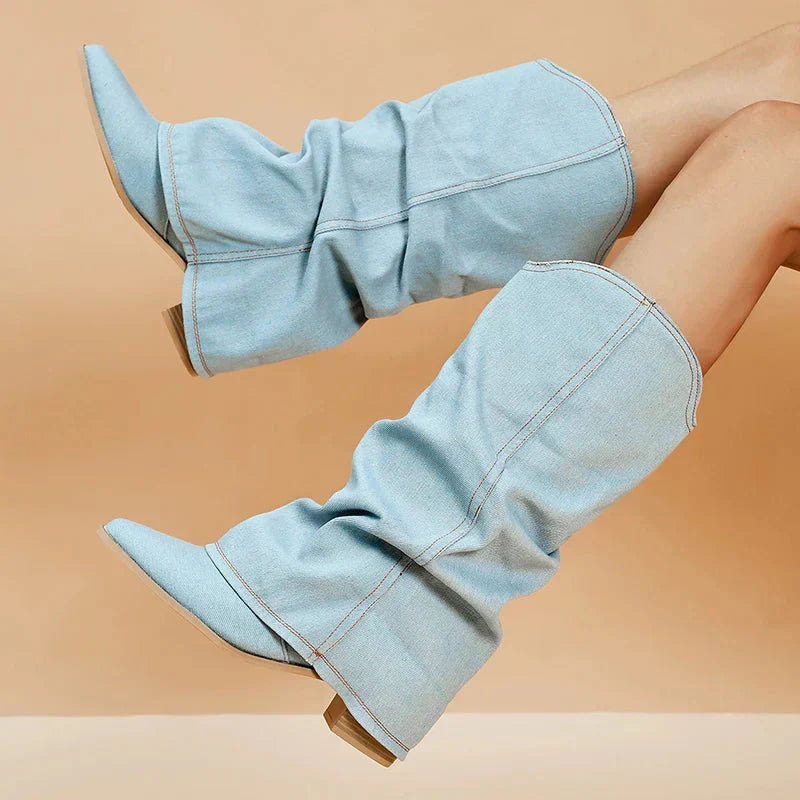 Leah Bottines Femme en Jean – Style Western Tendance avec Tige Souple & Talon Bloc Bas
