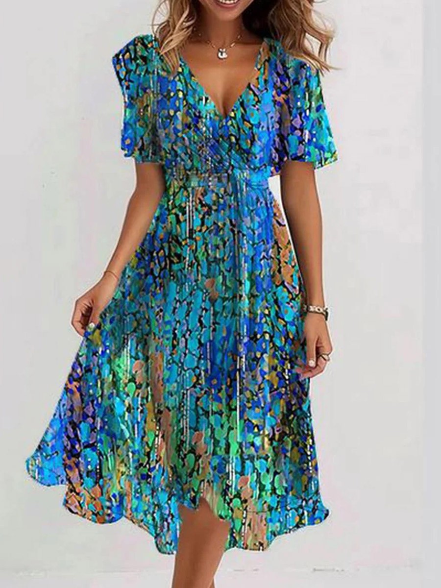 Kalea Robe Midi Femme – Robe Bleue à Manches Courtes, Col V & Coupe Élégante