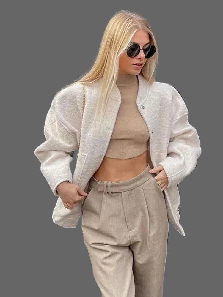 Mylah Női Bouclé Bomber Dzseki – Texturált Oversize Dizájn Diszkrét Cipzárral