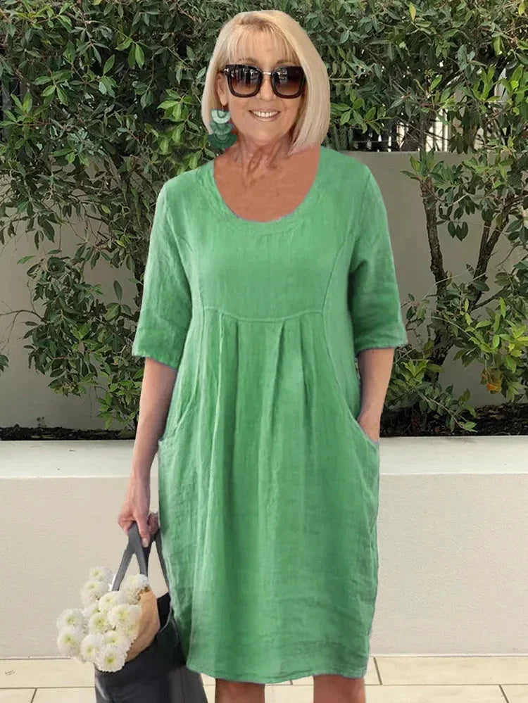Dorothy Robe Femme – Tunique Midi en Coton-Lin Unie avec Poches Pratiques & Style Décontracté