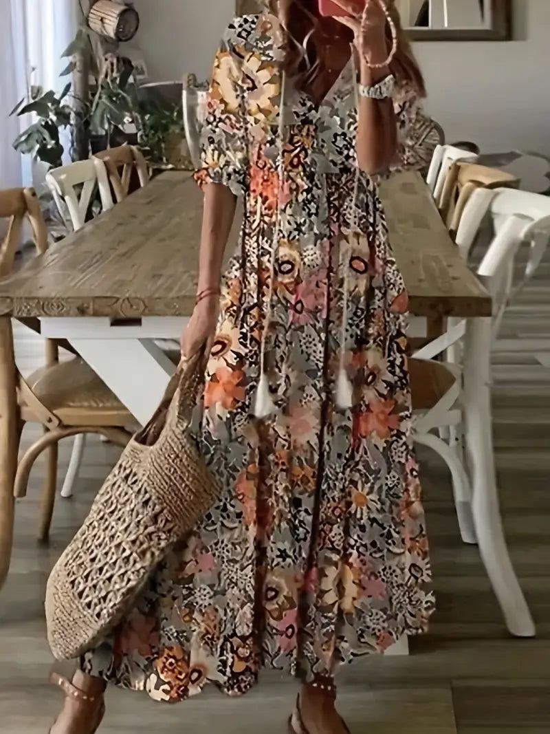 Urocza sukienka w stylu boho dla kobiet – elegancka letnia sukienka z falbankami, dekoltem w serek i wzorem ikat