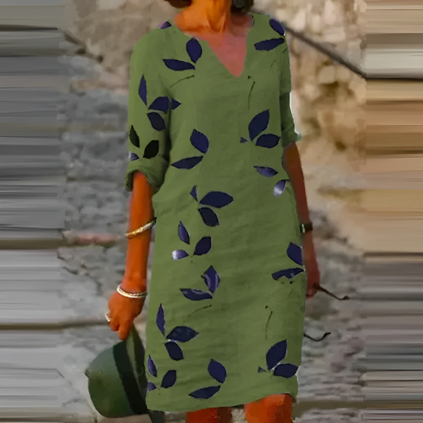 Női Nyári Félruha – Elegáns Levélmintás Ruha V-nyakú és 3/4-es Ujjú Meleg Napokra