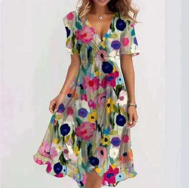Lenaria Robe Femme – Elegant midi kjole med V-hals og åndbart stof til daglig brug