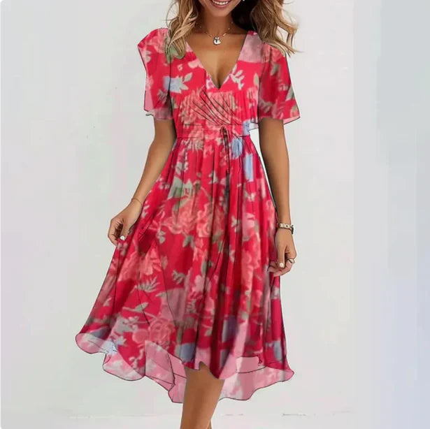 Lenaria Robe Femme – Elegant midi kjole med V-hals og åndbart stof til daglig brug