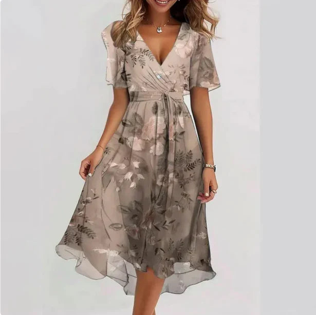 Lenaria Robe Femme – Elegant midi kjole med V-hals og åndbart stof til daglig brug